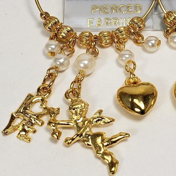 Women's Polished Gold tone Beaded Hoop Design Drop Earrings - Dangling Charms - Picture 2 of 5